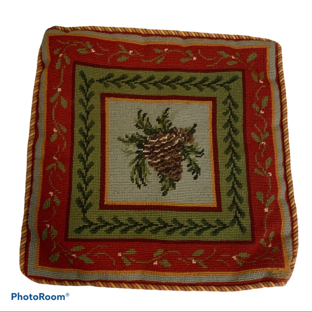 VTG Christmas Needlepoint Mini Holiday Pillow 16”